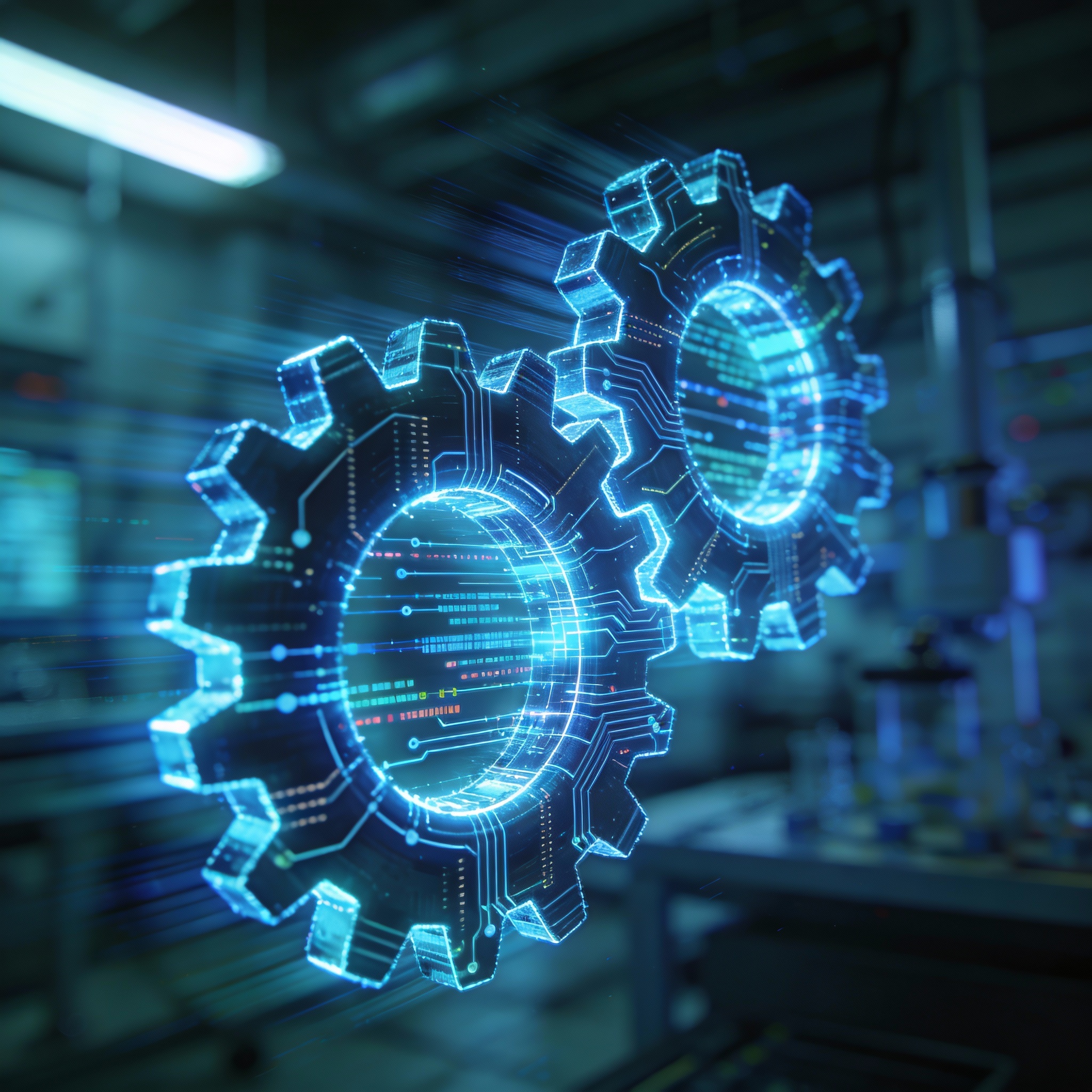 Abstract depiction of interlocking gears and data streams, symbolizing continuous R&D and rapid technological iteration.