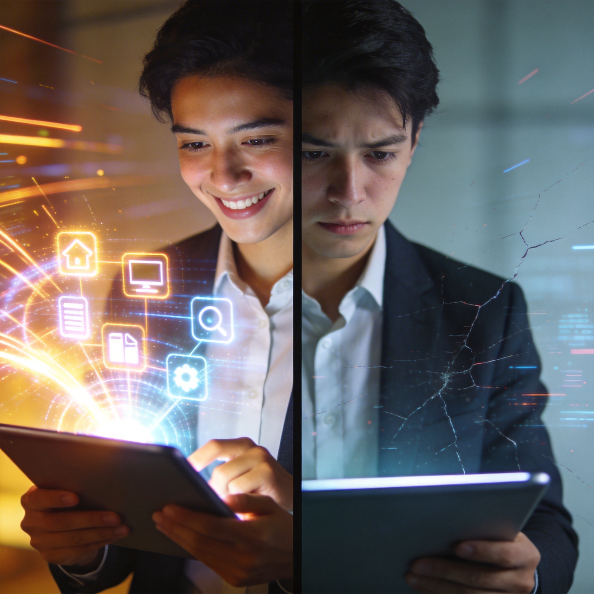 Split image showing immediate AI benefits versus slow, systemic harms, depicting a person's changing interaction.