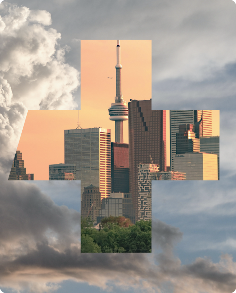 An artistic rendering of the Toronto skyline within a plus shaped graphic