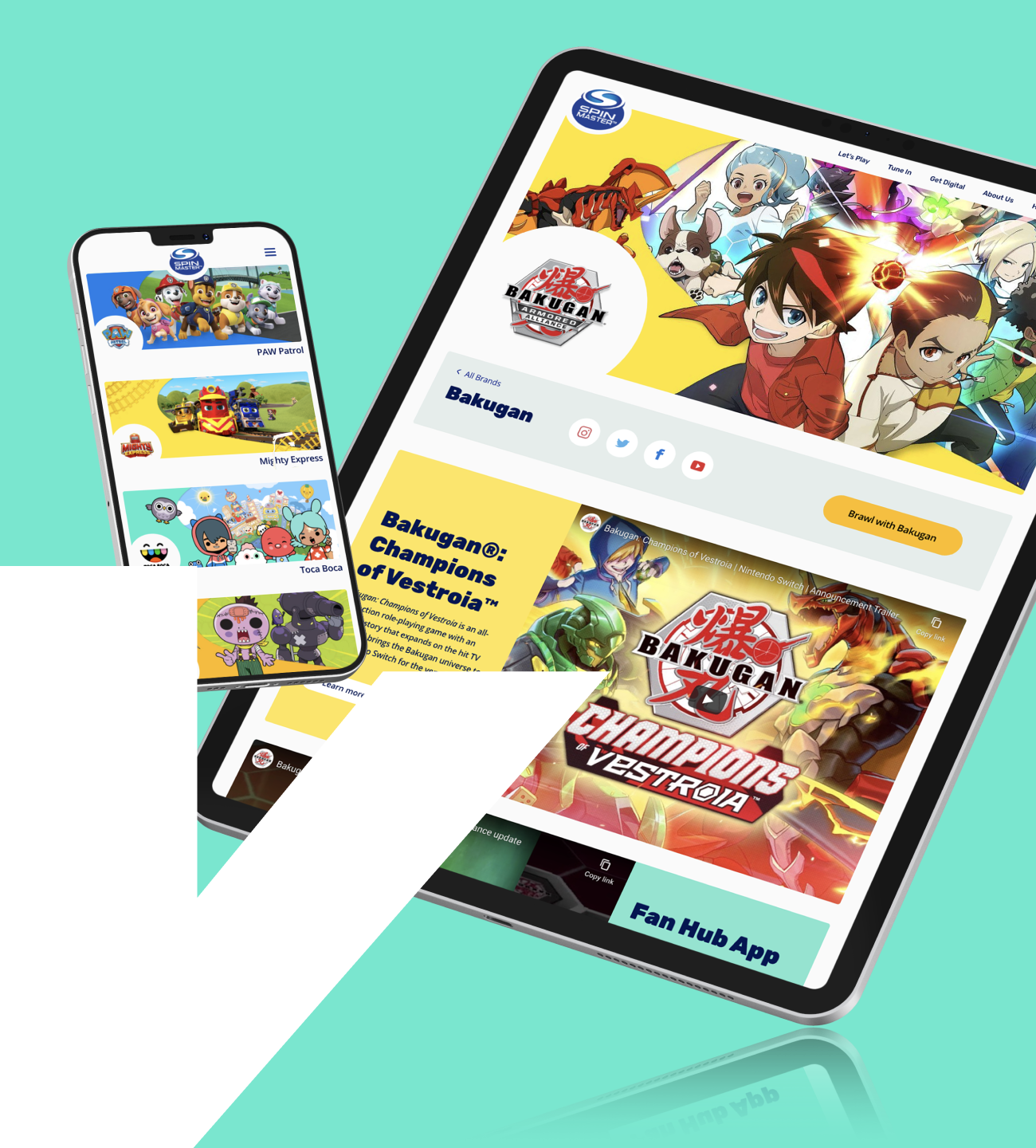The spinmaster app on a tablet and mobile device on a mint background.
