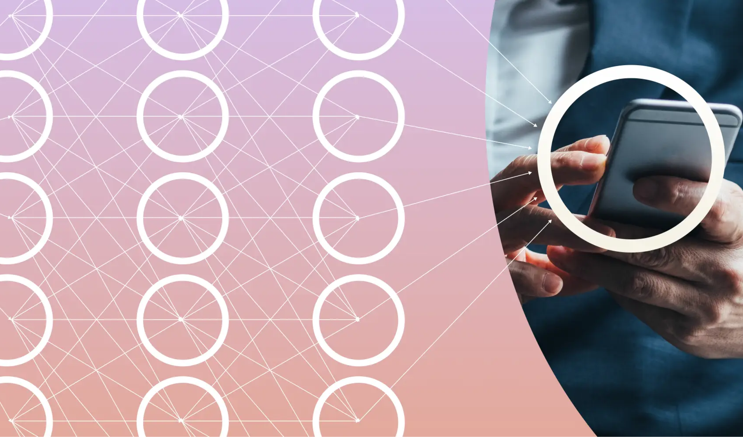 graphic of circles connected in a web over hands using cell phone
