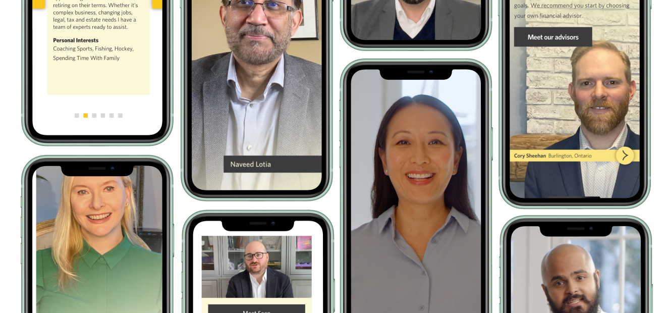 Phone screens with Edward Jones financial advisors on them meeting with clients.