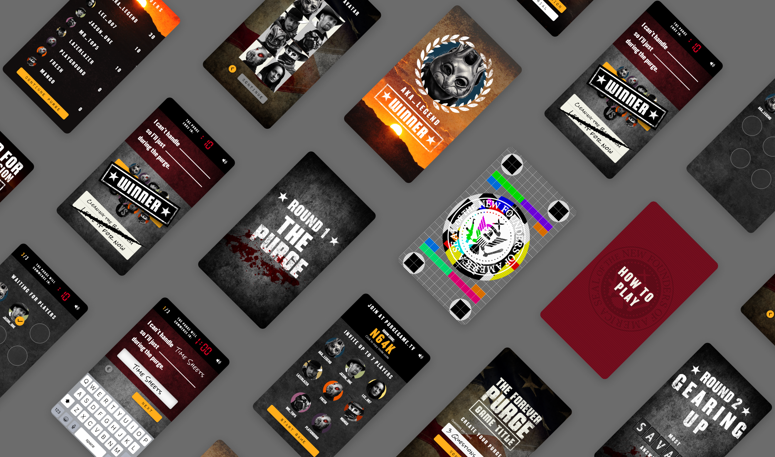 The purge app screens laid out on a grey background.