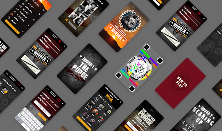 The purge app screens laid out on a grey background.