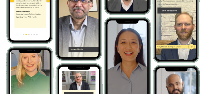 Phone screens with Edward Jones financial advisors on them meeting with clients.