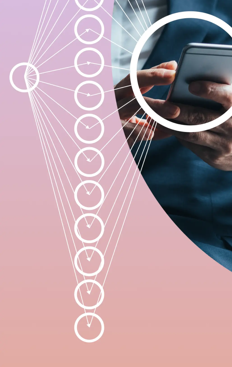 graphic of circles connected in a web over hands using cell phone