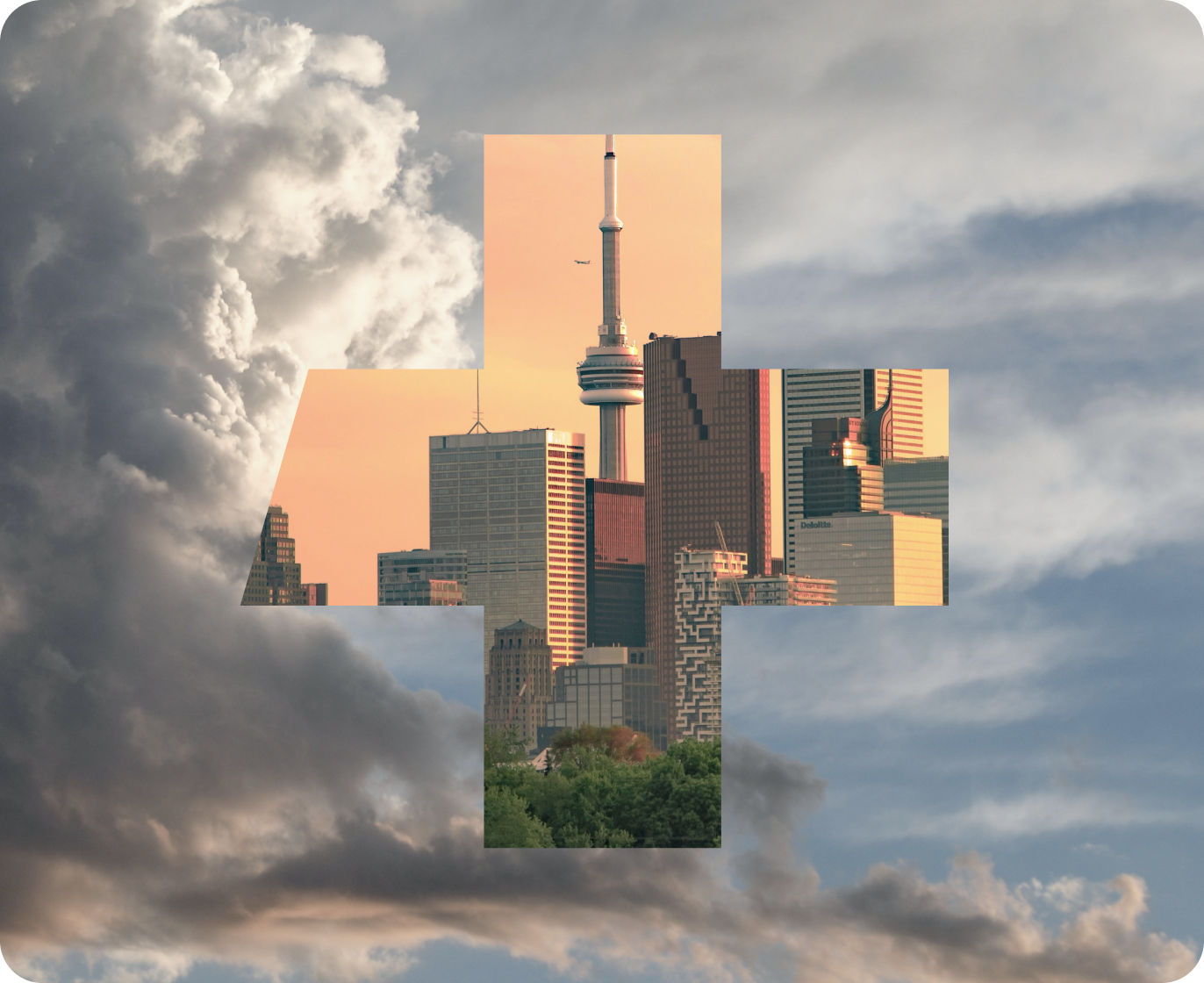 An artistic rendering of the Toronto skyline within a plus shaped graphic