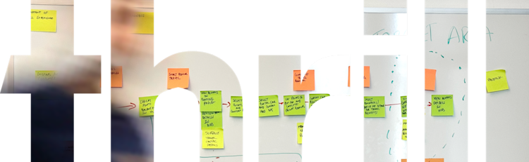 The Thrillworks logo cutout over a meeting board of sticky notes.