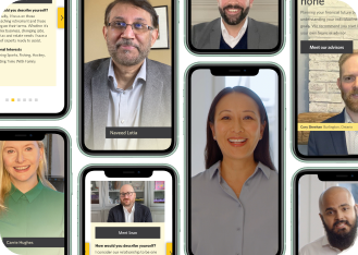 Phone screens with Edward Jones financial advisors on them meeting with clients.