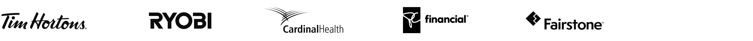 Tim Hortons logo, Ryobi tools logo, Cardinal Health, PC Financial, Fairstone Bank logo