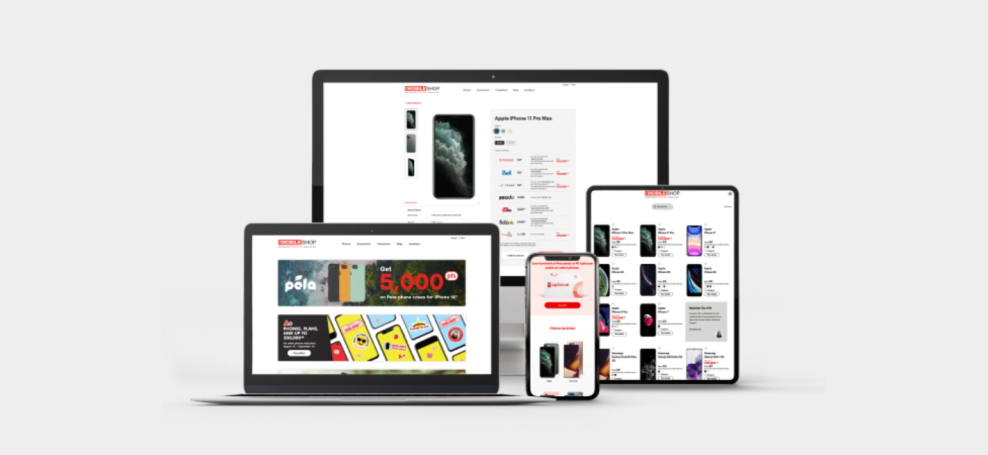 The Mobile Shop app displayed on a tablet, a cell phone, and a laptop.