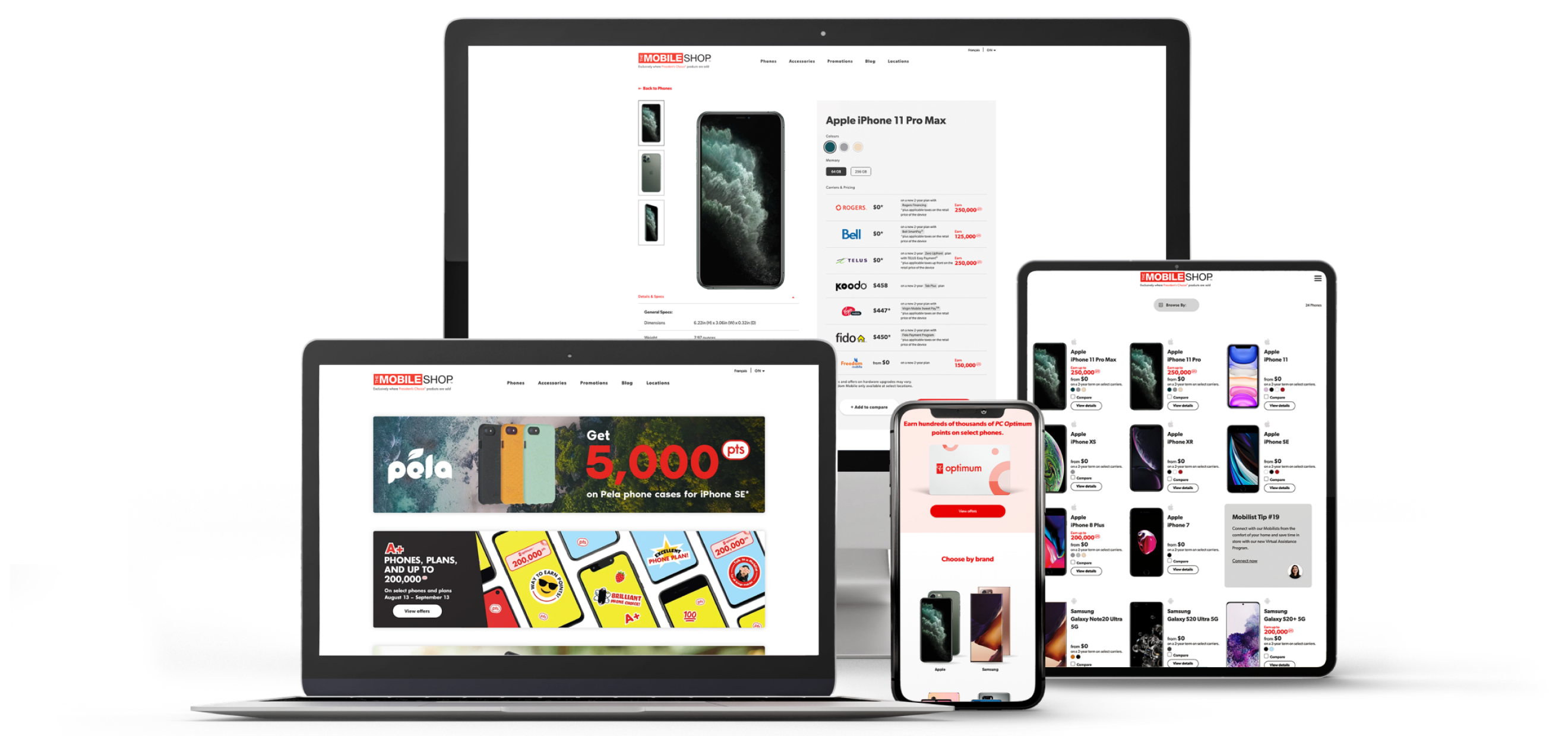 The Mobile Shop app displayed on a tablet, a cell phone, and a laptop.