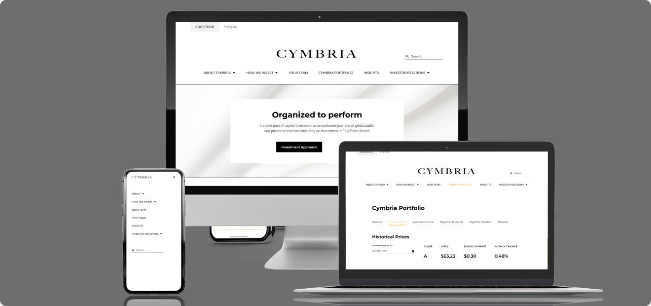 Cymbria portal shown on desktop, tablet and mobile screen