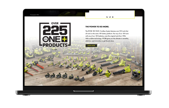 Ryobi website app displayed on a laptop screen.