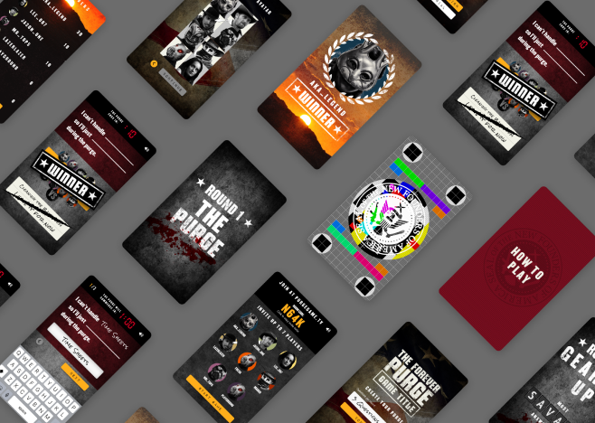 The purge app screens laid out on a grey background.