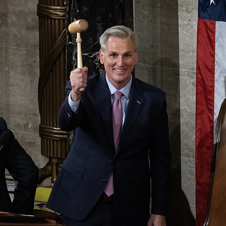 Speaker of the House Kevin McCarthy holds gavel following his election| Speaker of the House Kevin McCarthy