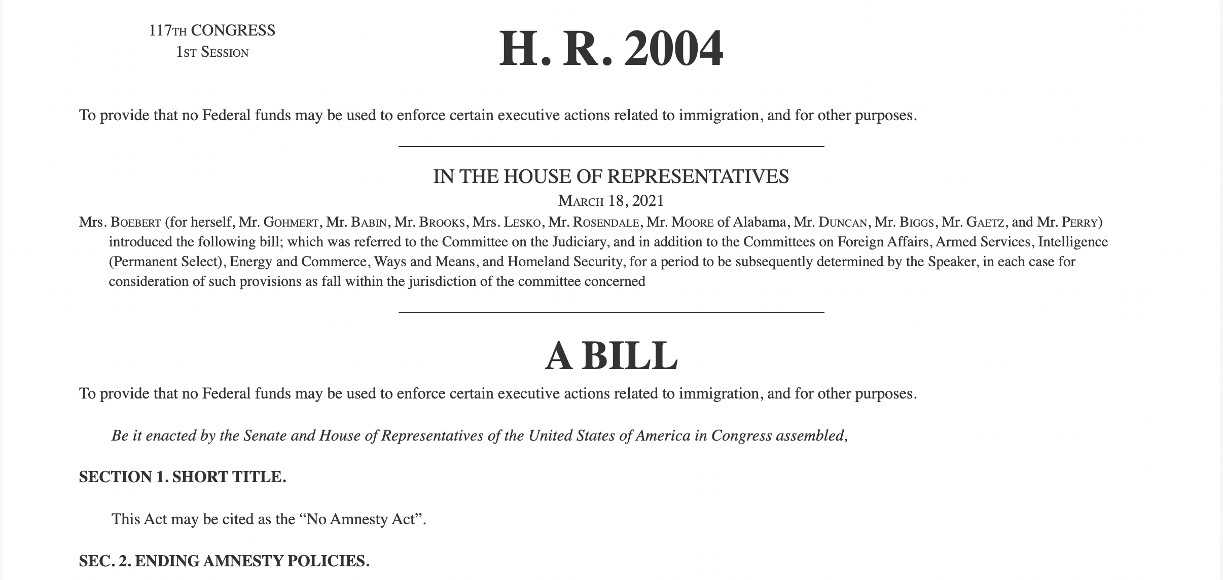 Bill for the No Amnesty Act| Screenshot of H.R.2004