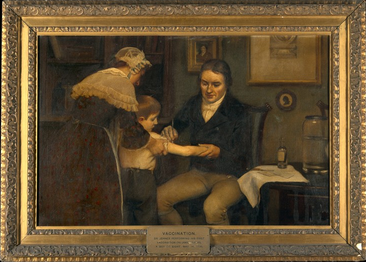 Dr Jenner performing his first vaccination on James Phipps, a boy of age 8. May 14th, 1796| Painting by Ernest Board