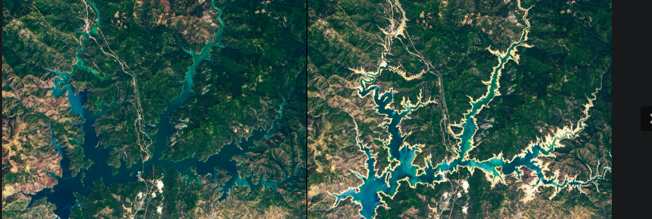 Effects of Drought on Shasta Lake, Comparison between 2019 and 2021| NASA's Earth Observatory