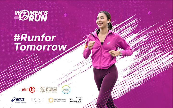 Asian woman jogging with purple and white edited background with hashtag #RunForTomorrow