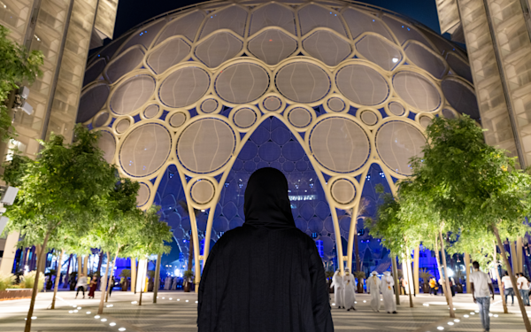 Internship-programme Emirati woman facing Al Wasl plaza - night view
