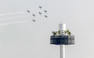 Jet planes flying around the garden in the sky tower