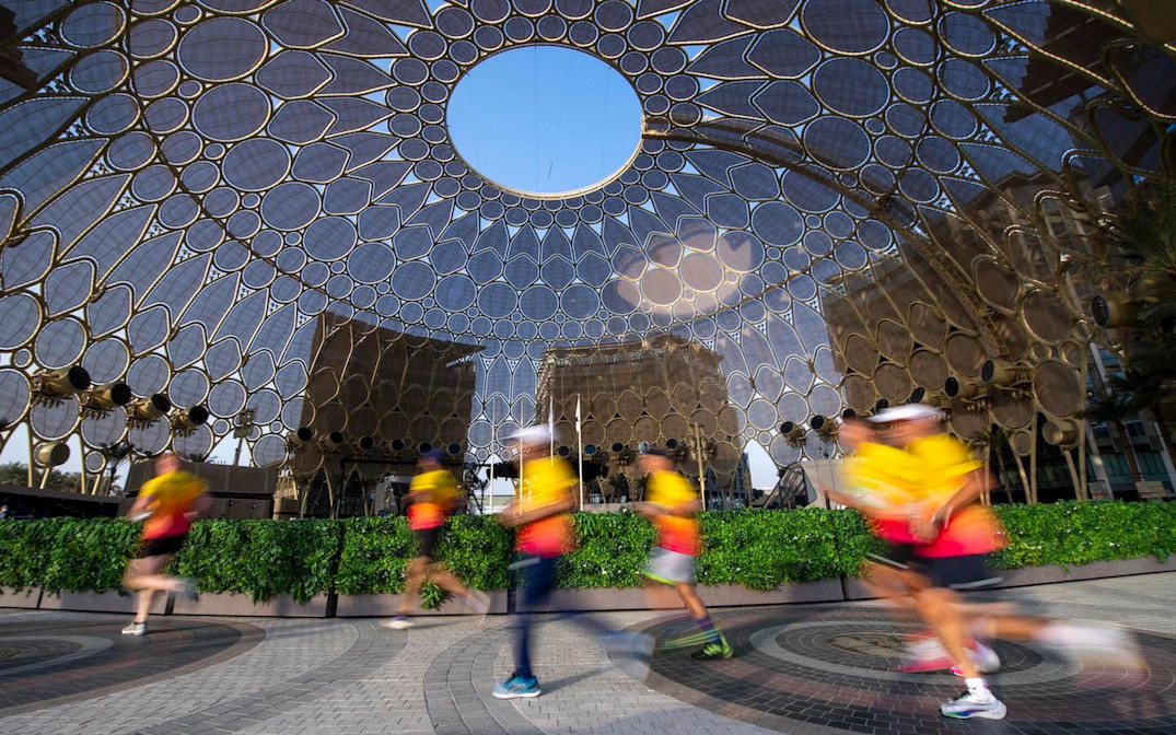 Expo 2020 Dubai Run with Al Wasl Dome in the background