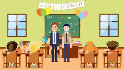 Cartoonish image: principal and teacher in a class with board behind them and four students sitting on their desks