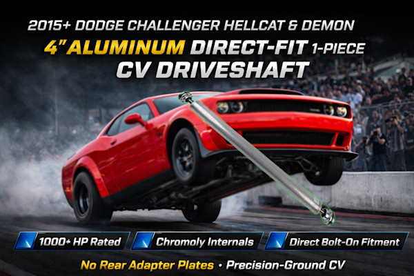 Red car doing a wheelie on a race track - 2015+. Dodge challenger Hellcat & Demon 4" Aluminum Direct-Fit 1 Piece CV Driveshaft