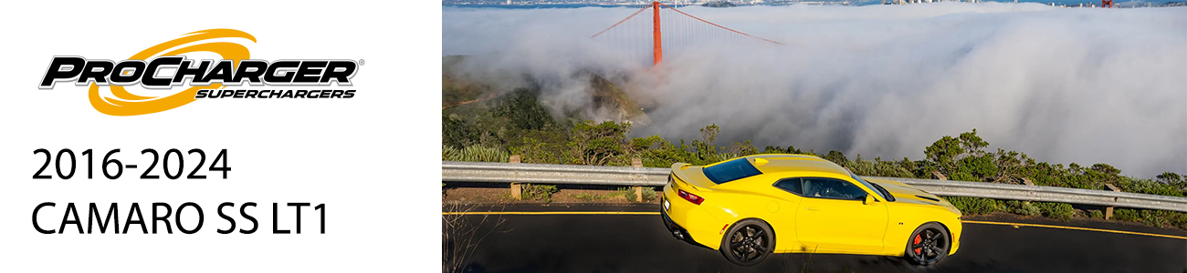 Procharger Superchargers - 2016-2024 Camaro SS LT1 - Yellow car driving on road with guardrail
