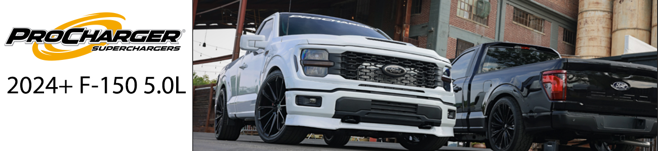 ProCharger Superchatgers for 2024+ Ford F150 5.0L - Two trucks parked side by side, left one is white and right one is black