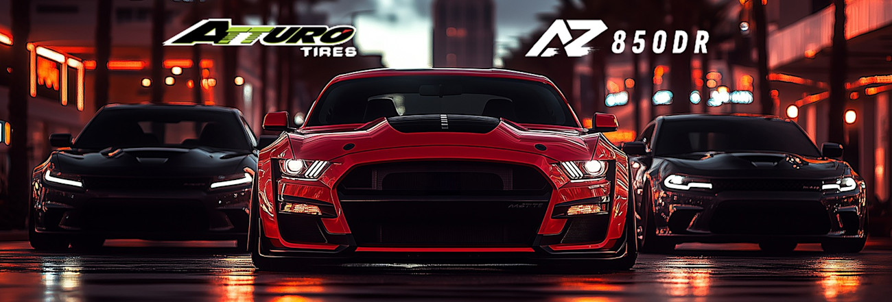 Three cars on a wet street in a city scene facing you with their headlights on - Atturo Tires AZ 850DR