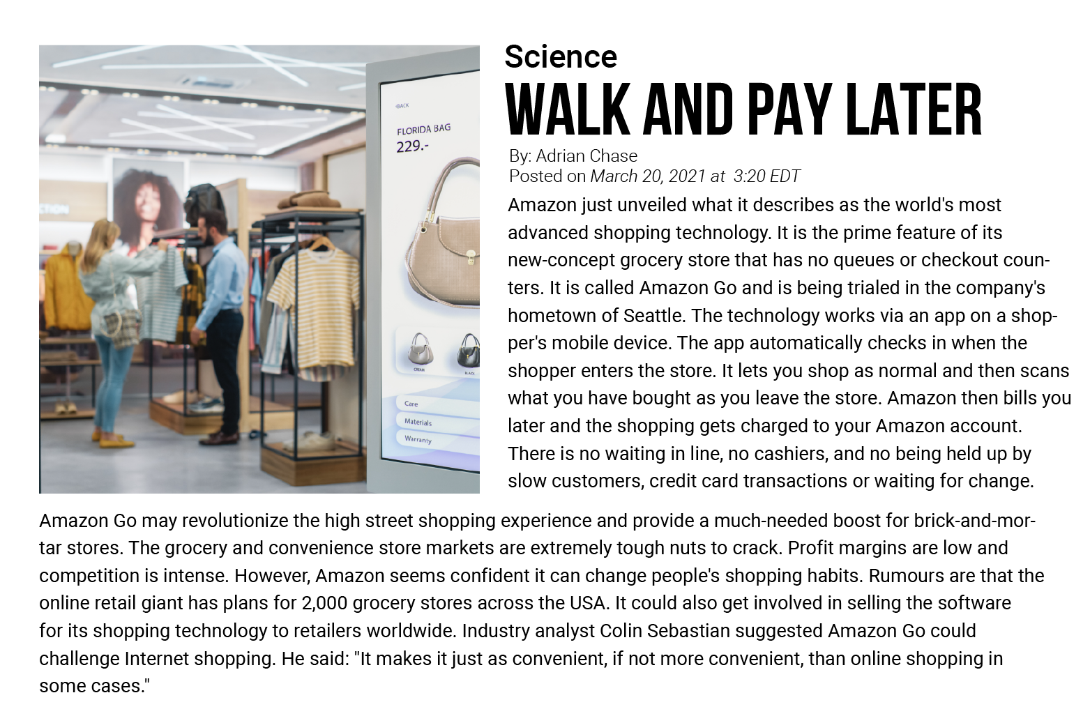 Walk and pay later article