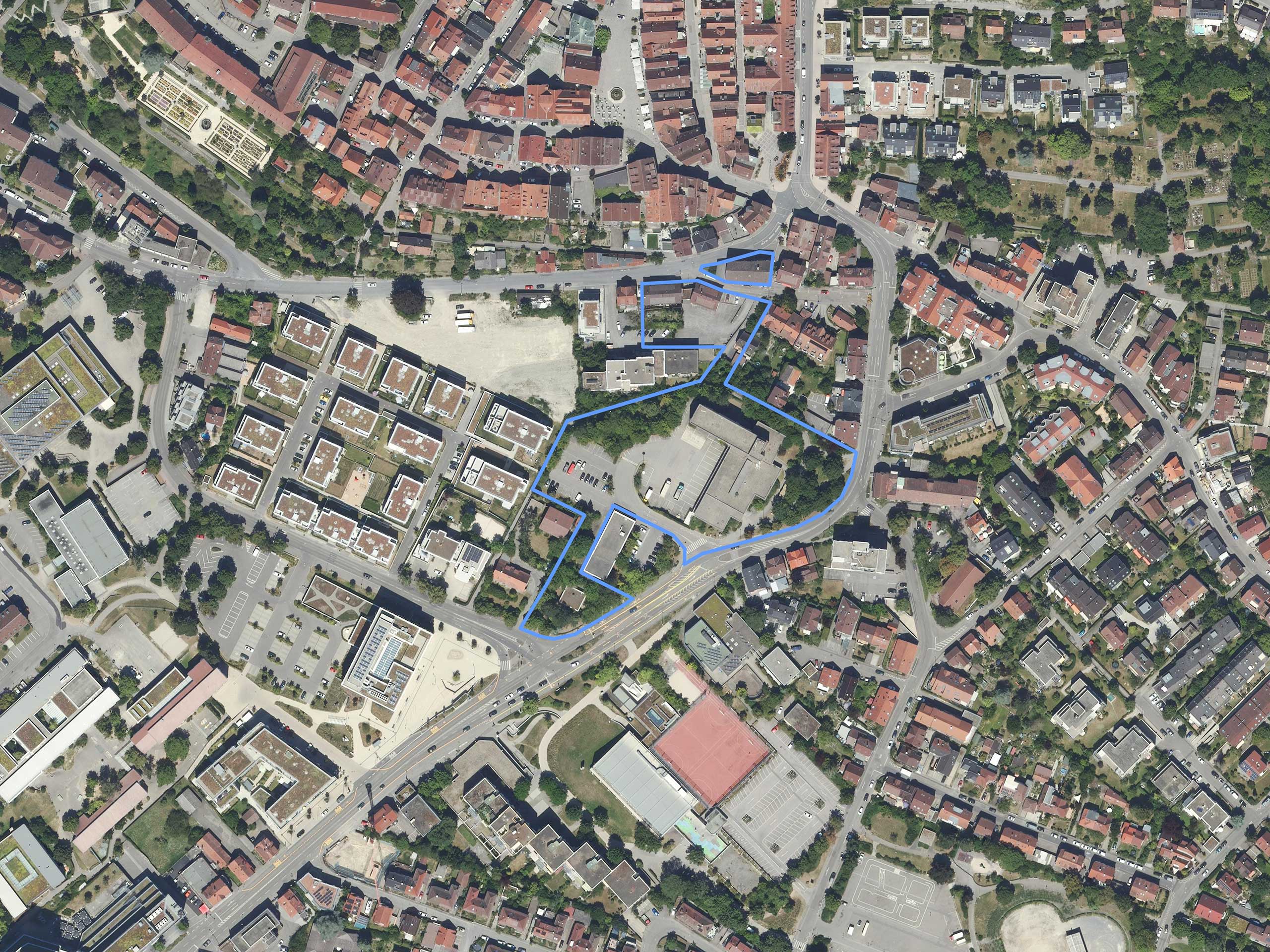 Foto: Luftaufnahme von Leonberg in Stuttgart mit Markierung des alten Postareals
