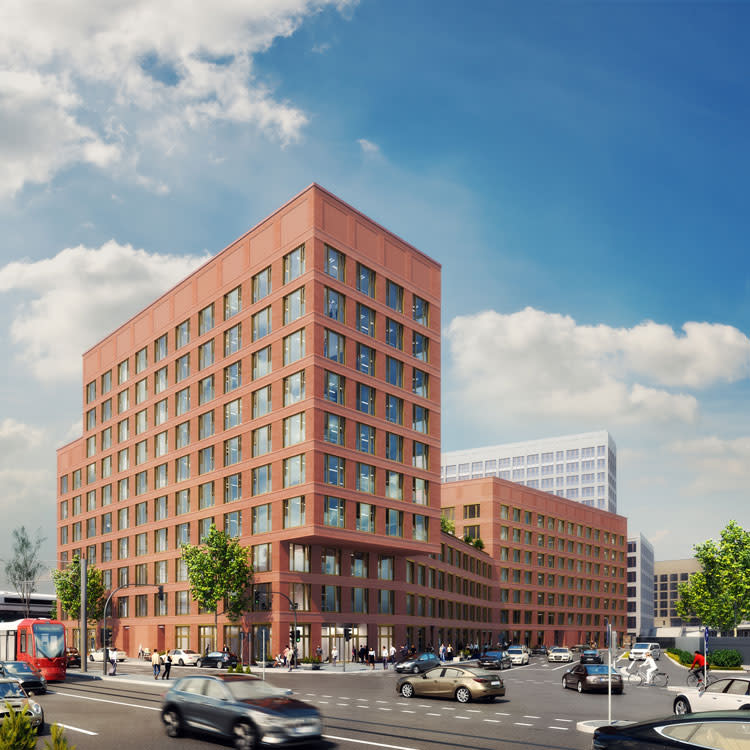 das rote Bürogebäude Rossio - Teil der MesseCity Köln - Strassenansicht
