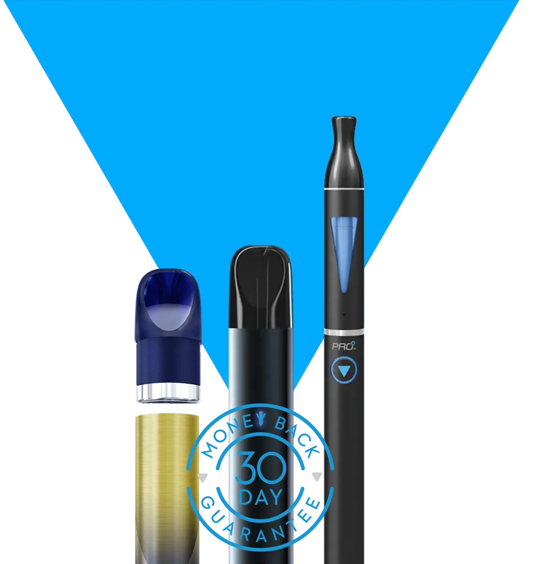 blu vape pen device side by side with a 30 day money back guarantee logo