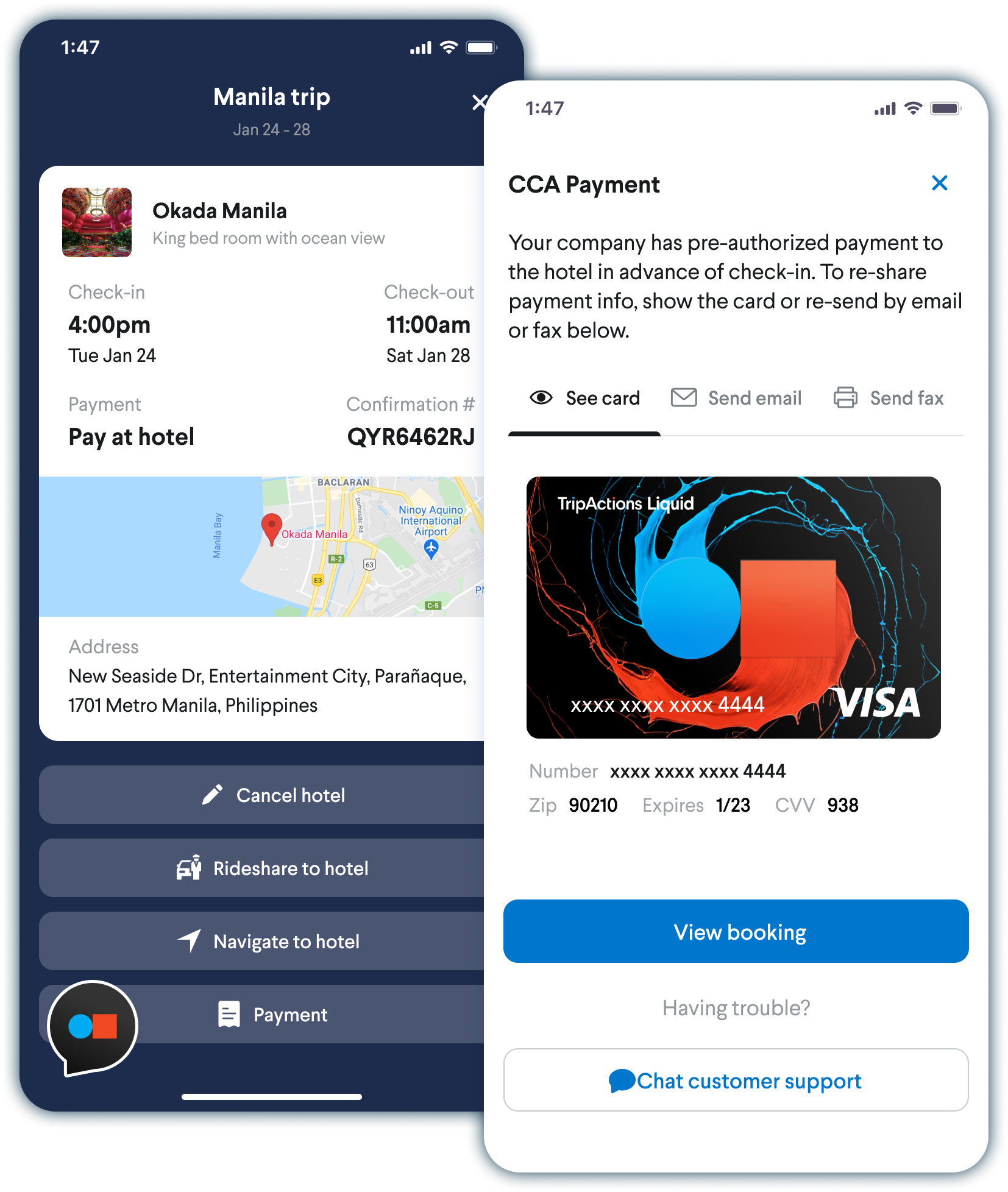 Product screenshot of credit card authorization features