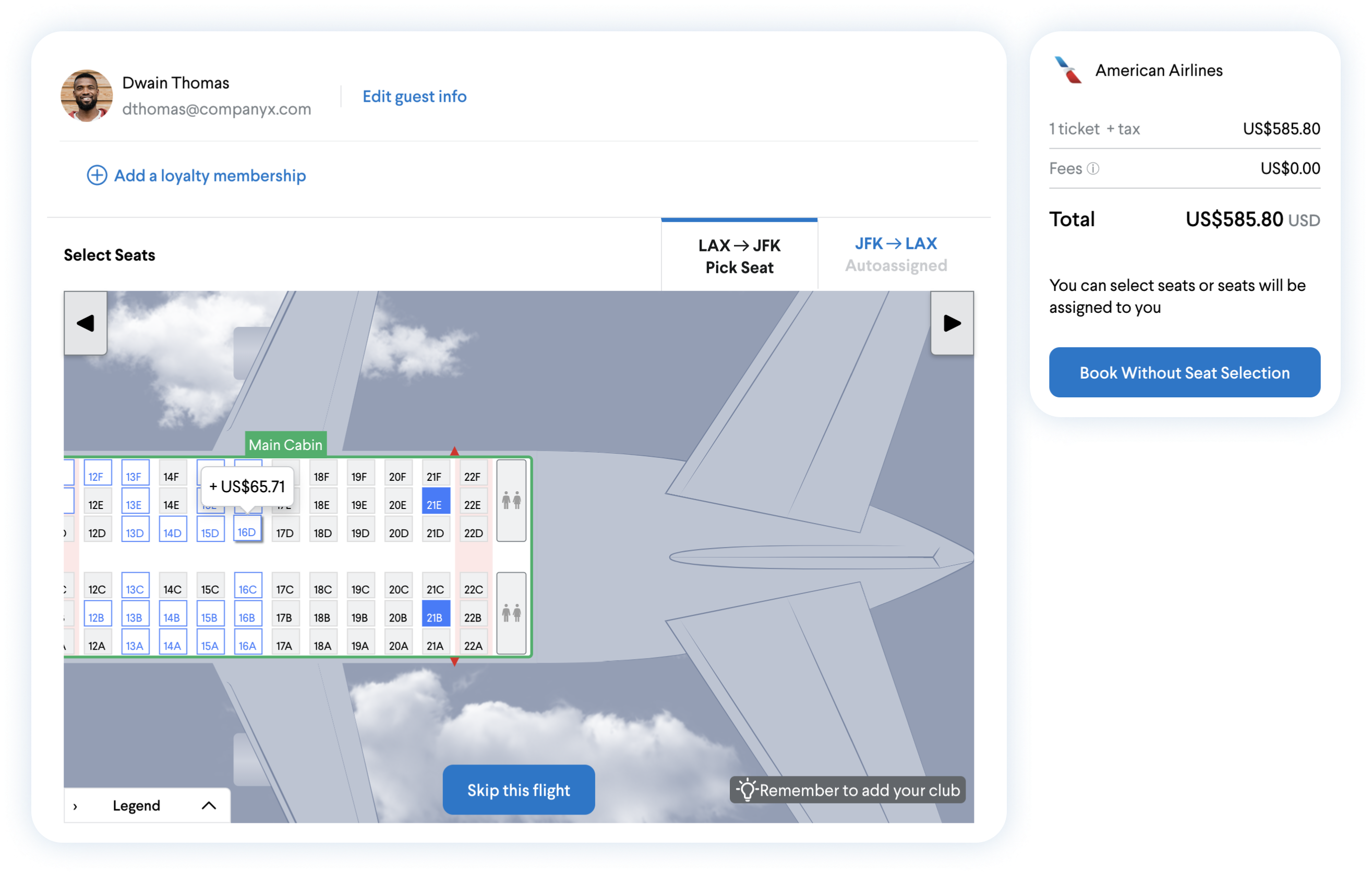 Product screenshot of flight seat selection