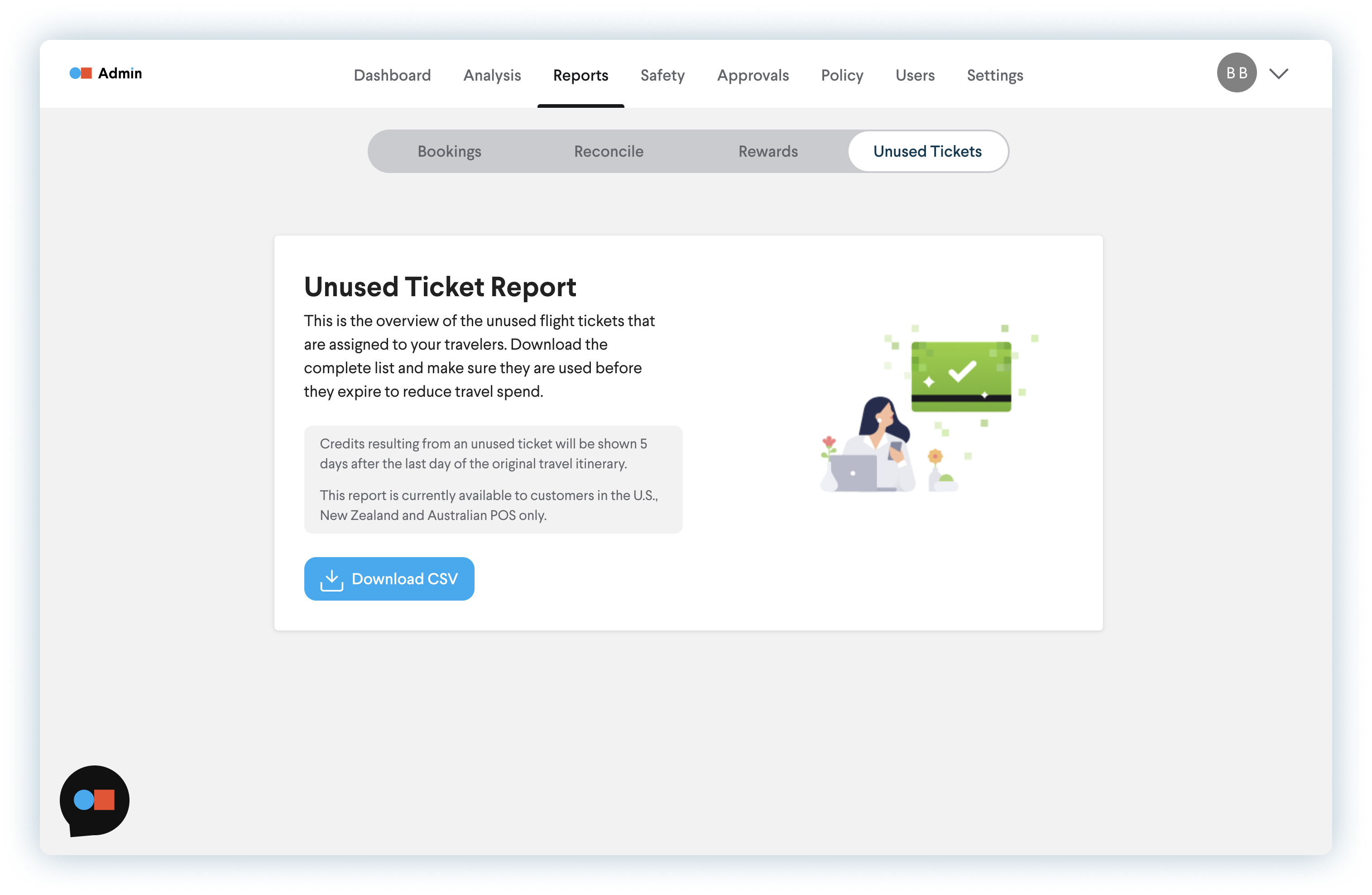 Product screenshot of unused tickets interface