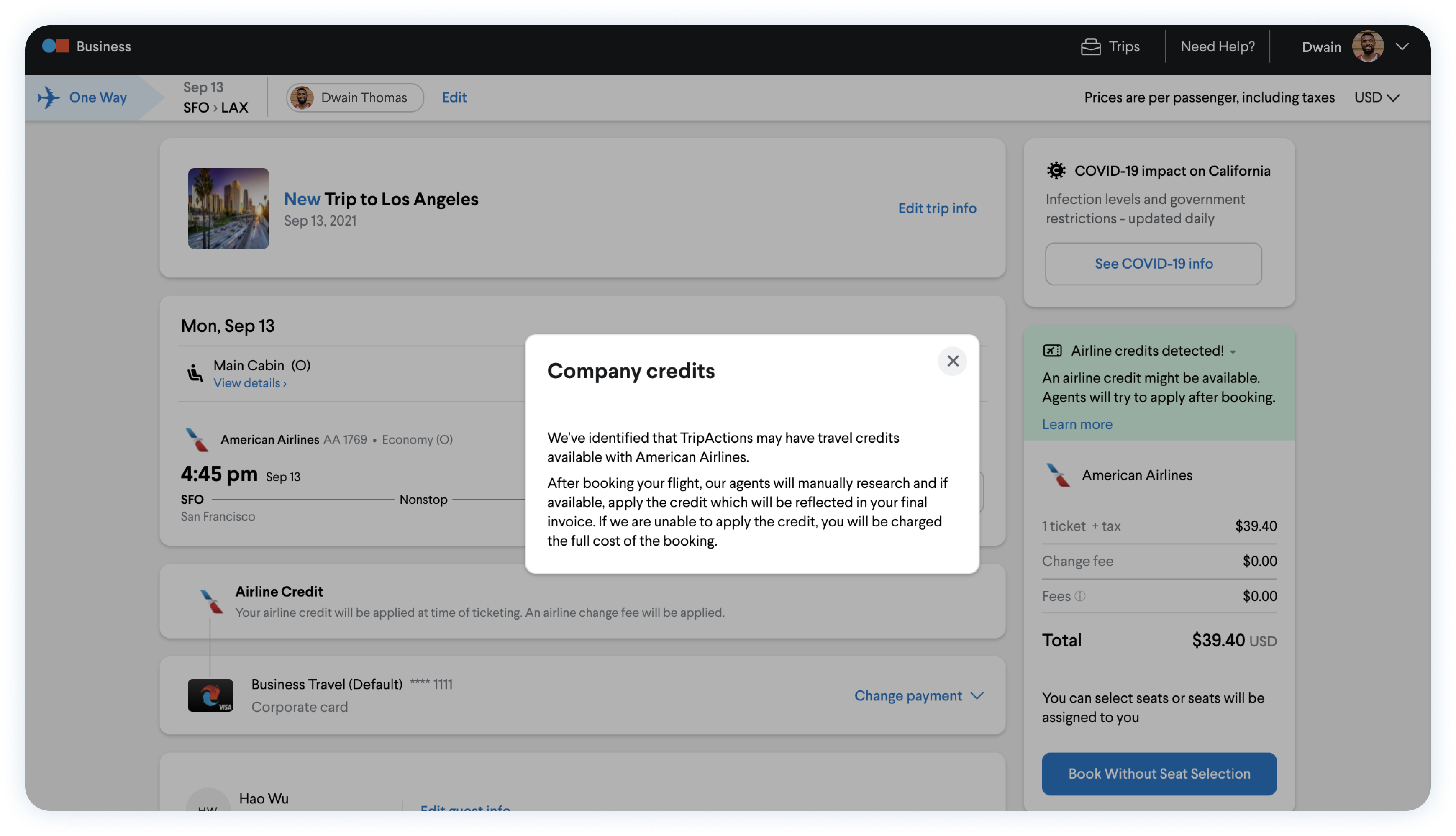 Product screenshot of company credits modal