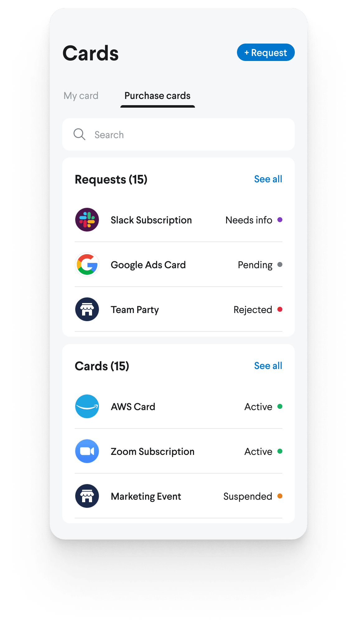 Purchase card listing on mobile