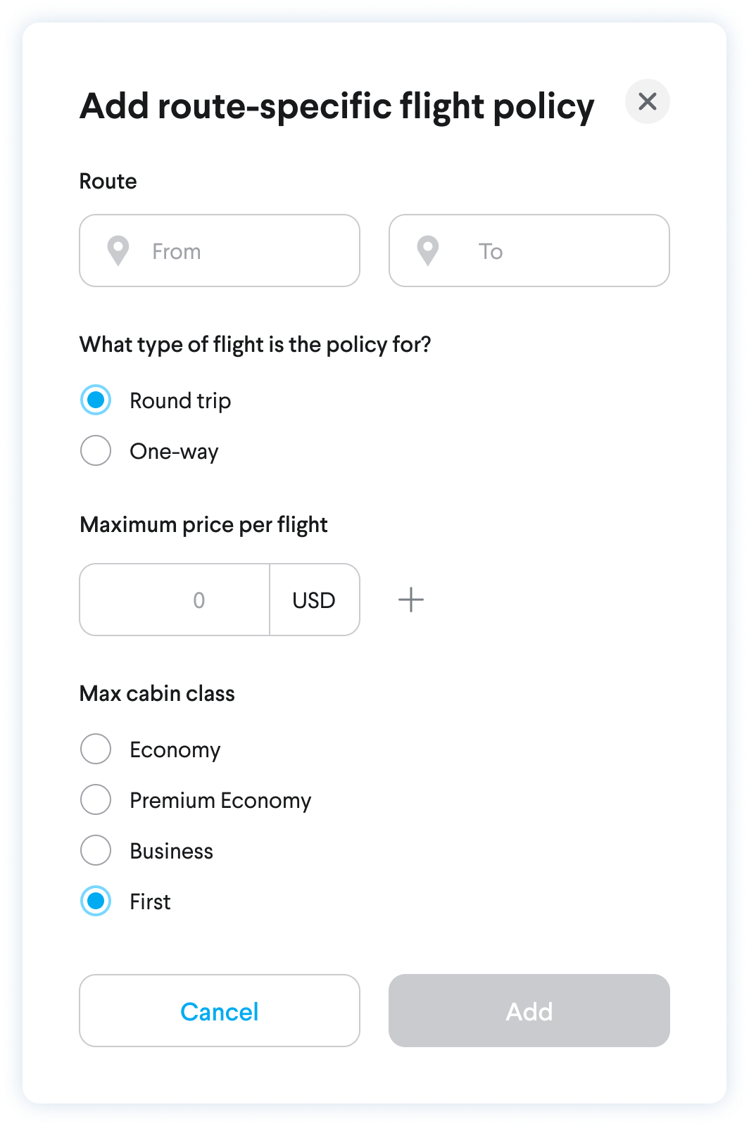 Product screenshot of route-specific flight policy modal