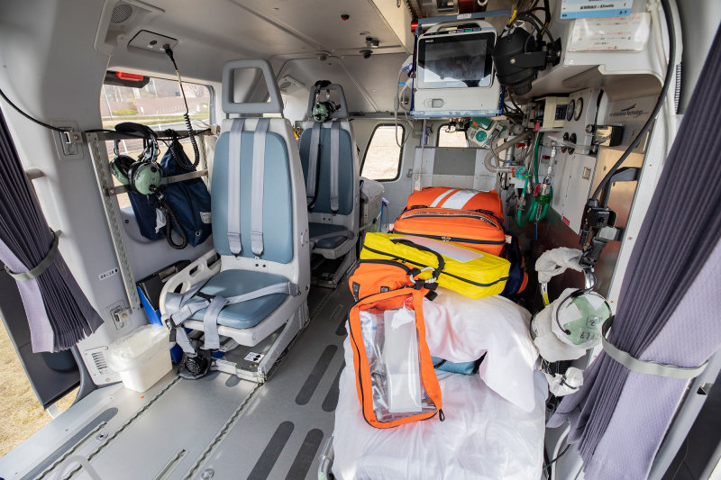 A wide variety of medical devices are placed in the helicopter cabin