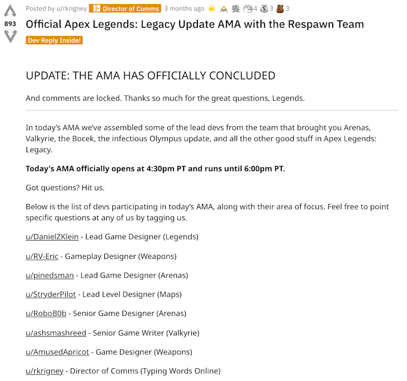 Apex Legends Reddit AMA