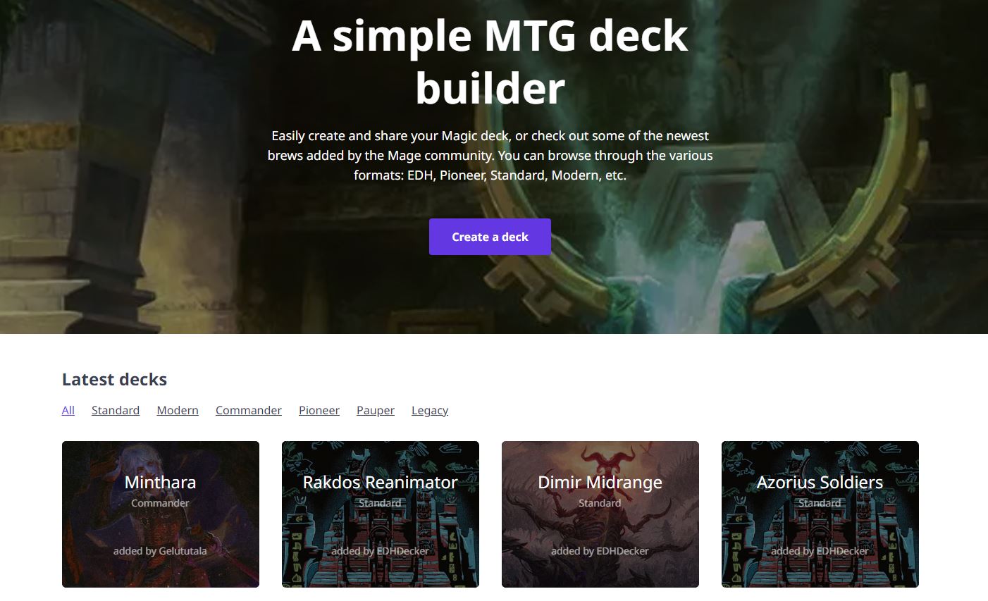 screenshot of home page for mtg decks