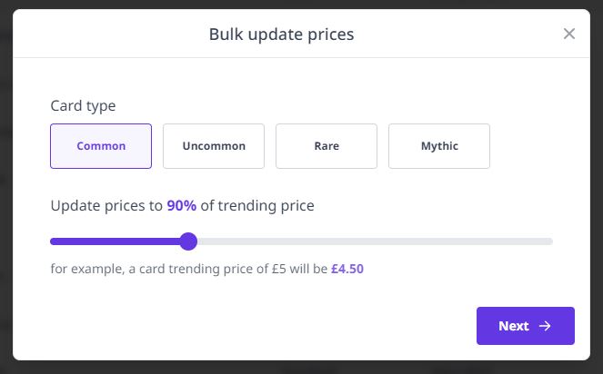 bulk update card prices feature on Mage