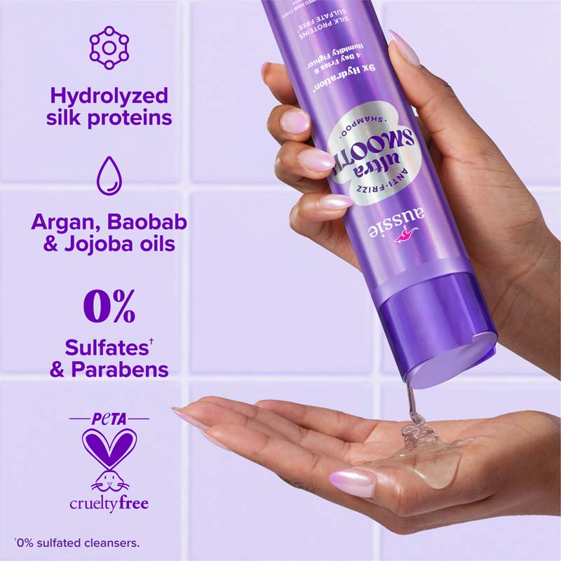 Aussie Ultra Smooth Shampoo. Hydrolyzed Silk proteins, Argan, Baobab & Jojoba oils, 