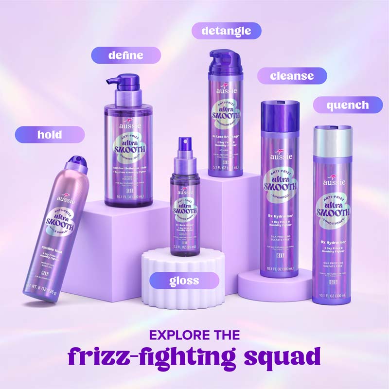 Aussie Ultra Smooth Collection. Hold, Define, Gloss, detangle, cleanse, quench. Explore the frizz-fighting squad