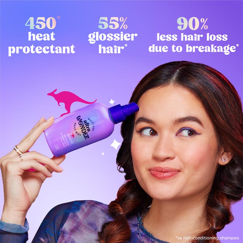 Aussie Ultra Wonder Daily Mist 450 degree heat protectant, 55% glossier hair, 90% less hair loss due to breakage.