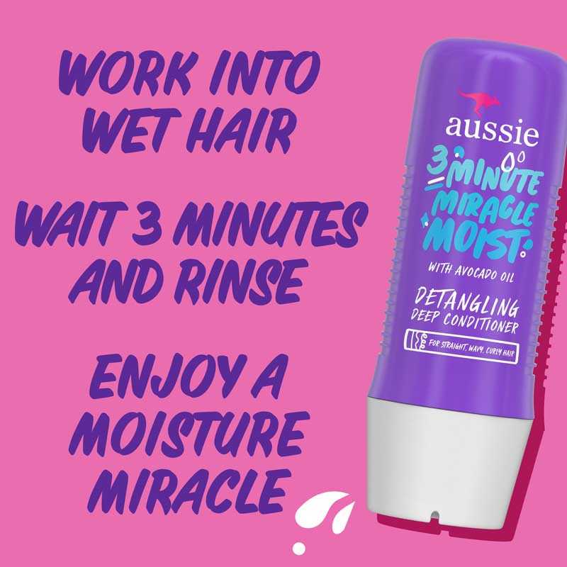 Work into wet hair, wait 3 minutes and rinse, enjoy a moisture miracle